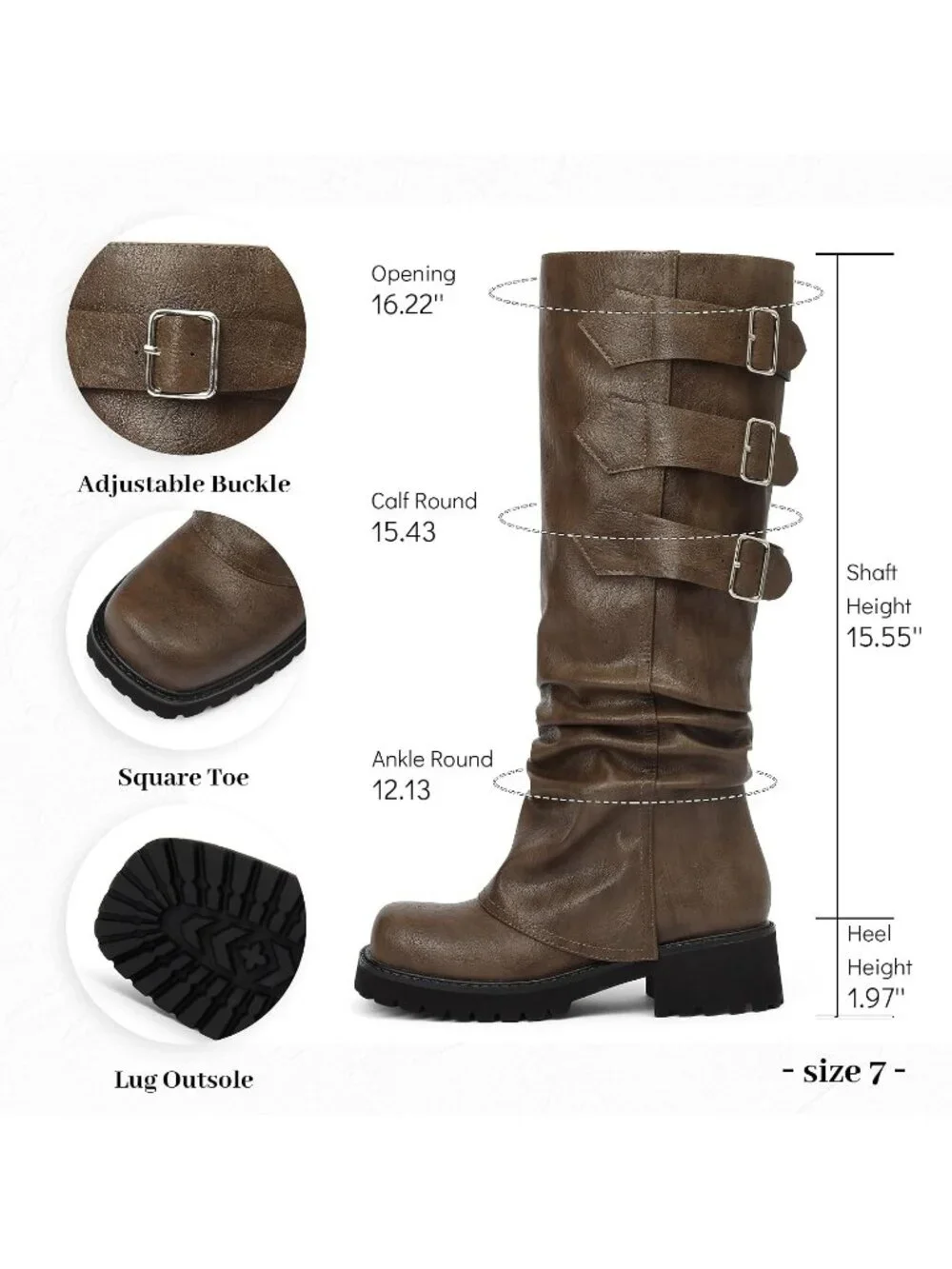 Women's Brown Block Heeled Square Toe Fold Over Knee High Moto Riding Boots